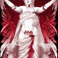 an image of a woman with wings and blood on her shoulders